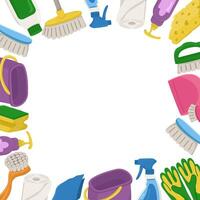 color frame with attributes for cleaning and cleaning the house. Card with objects for sanitation and copy space. vector