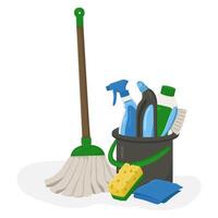 color illustration with bucket and items for cleaning and tidying the house. Card with objects for sanitation. vector