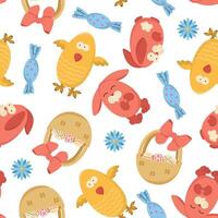 seamless pattern with Easter bunnies and chicks. Easter egg hunt invitation template on white background. Wallpaper and packaging design. vector