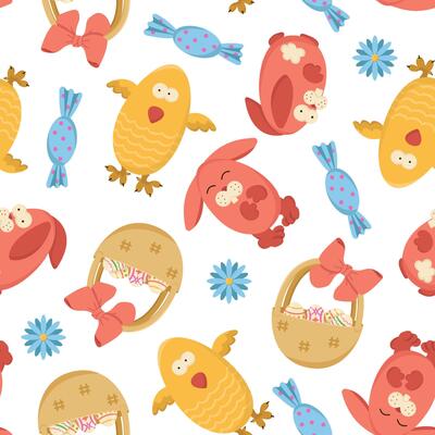 seamless pattern with Easter bunnies and chicks. Easter egg hunt invitation template on white background. Wallpaper and packaging design.