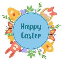 Easter card with bunnies, chicks and baskets with eggs. Easter egg hunt invitation template on white background. Easter religious holiday applique. vector