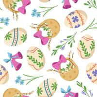 seamless pattern with Easter eggs and baskets. Easter egg hunt invitation template on white background. Wallpaper and packaging design. vector