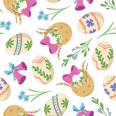 seamless pattern with Easter eggs and baskets. Easter egg hunt invitation template on white background. Wallpaper and packaging design.