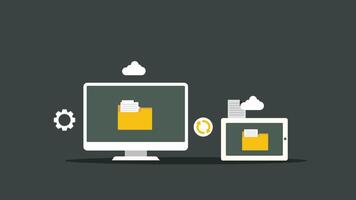 animated transfer data from pc to mobile ,Data synchronization, cloud file syncing, animation Data sync with computer and mobile on cloud server video