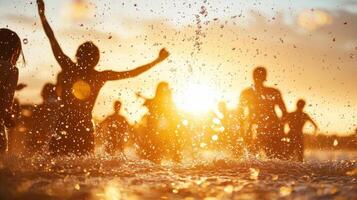 Sunset beach party with joyful silhouettes splashing in water, creating vibrant atmosphere filled with laughter and excitement photo