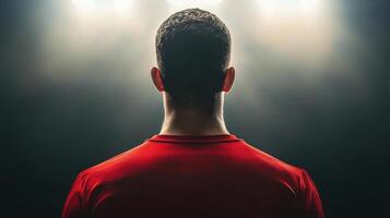 football player stands confidently in red jersey, illuminated by dramatic lighting, ready for game ahead photo