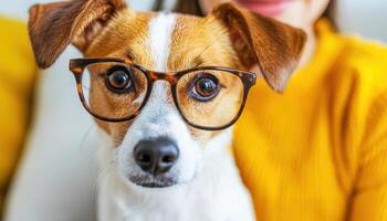 Candid moment of dog wearing glasses, showcasing playful and adorable expression, with cozy living room background photo