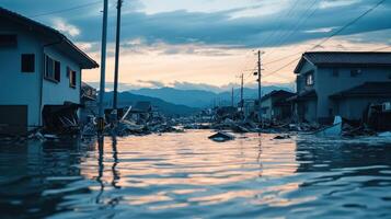 aftermath of earthquake disaster reveals flooded street with debris scattered around, highlighting urgent need for emergency response photo
