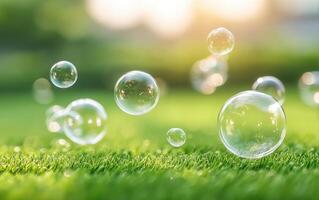 Close up shot of soap bubbles on green grass, sparkling in sunlight, creating joyful and serene atmosphere photo