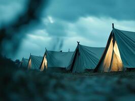 Tents illuminated in evening light create serene atmosphere after earthquake disaster, highlighting emergency response efforts photo