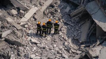 aftermath of earthquake disaster reveals emergency responders assessing destruction and planning their next steps photo