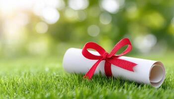 diploma scroll tied with red ribbon rests on lush green grass, symbolizing achievement and celebration in serene outdoor setting photo