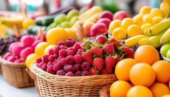 Fresh fruits in vibrant colors displayed in market baskets create lively atmosphere, inviting customers to enjoy healthy choices photo