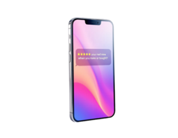 A smartphone showcases a notification requesting a five-star review. The screen displays a vibrant gradient background. png