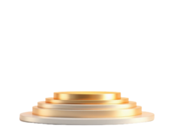 A 3D rendering of an elegant, layered circular platform in gold and white, perfect for product displays or presentations. png