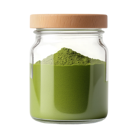 Fresh green superfood powder in glass jar with wooden lid, perfect for wellness enthusiasts png