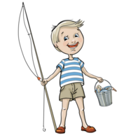 Cartoon illustration small boy-fisherman with rod and Bucket whole of fishes. Isolated from background png