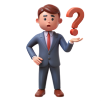 Cartoon Businessman Holding Question Mark with an Uncertain Expression on Transparent Background png