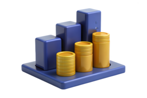 3D Graph with Blue Cubes and Golden Coins on a Blue Platform with Transparent Background png