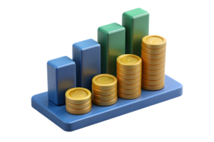 Growth Bar Graph with Golden Coin Stacks on Blue Base Transparent Background png