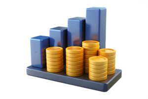 3D Golden Coins Stacks and Blue Bar Graph on a Blue Base With Transparent Background png