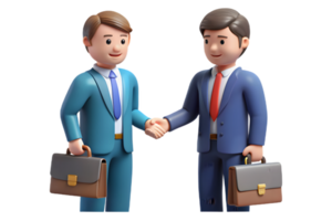 Two 3D Businessman Characters Shaking Hands in Suits Holding Briefcases Transparent png