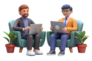 3D Rendering of Two Men Using Laptops Sitting in Armchairs on Transparent BG png