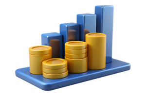 3D Bar Chart with Columns and Coins on Blue Platform Isolated in Transparency png
