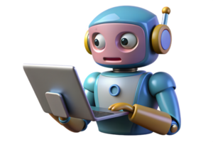 Cartoon Robot Using Laptop with Surprised Expression on Transparent Background png