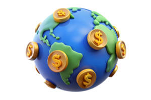 3D Earth Globe with Dollar Coins Orbiting on Transparent Background, Financial Growth png