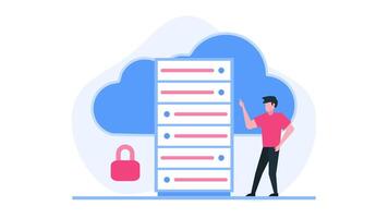 Server rack securely stored in a cloud, guarded by a man with a padlock. Ideal for depicting data security concepts. video