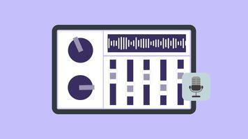 Microphone recording animation audio mixer interface for simplified and intuitive audio recordings. Suitable for podcasts, music production, voice overs. video