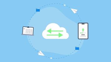 Cloud sync data animation transfers from laptop to smartphone. Suitable for technology blogs, cybersecurity articles, data management concepts, and cloud computing illustrations. video