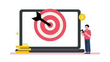 Customer retention animation by laptop with target and money, aiming for success. Suitable for marketing, business, success concept visuals. video