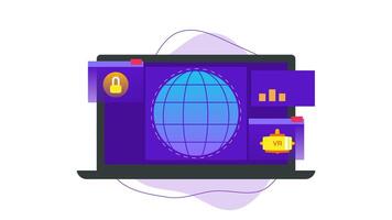 Metaverse animation with laptop screen showing globe, graphs, and icons. Suitable for technology, virtual reality, business presentations, and futuristic themes. video