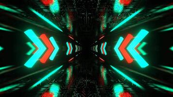 turquesa e vermelho fantástico cyber túnel com piscando seta sinais fundo vj ciclo dentro 4k video