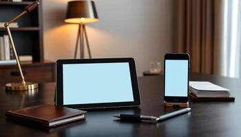 tablet and smartphone on a desk with a lamp photo