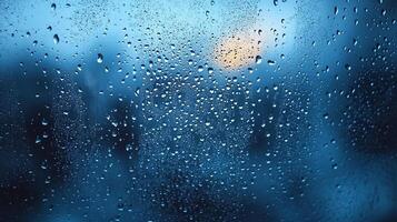 Rain Droplets on Glass Window. Moody Close-Up with Blurred Blue Background in Horizontal View photo