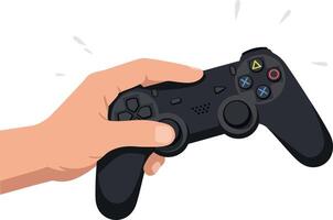 Hand gripping a black gaming controller in a flat design style illustration vector