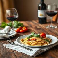 Italian pasta with tomatoes and basil on a wooden table photo