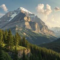 Mountains and trees in the mountains with a sun setting photo