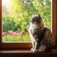 A cat sitting on a window sill looking out at the world photo