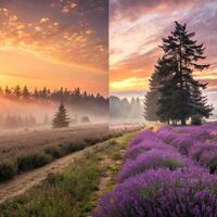 Lavender Fields at Sunset with Misty Forest and Vibrant Sky photo