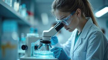 Medicine Development Lab Scientist Using Microscope, Analyzes Petri Dish Sample photo