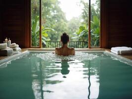 A woman is sitting in a large pool with a view of trees photo