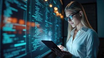 woman interacts with a tablet. displaying a futuristic digital interface with glowing code on a large screen. photo