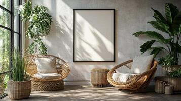 Bohemian Chic Living Room with Rattan Chairs and Blank Canvas photo