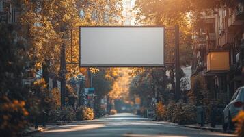 Blank Billboard on a tree-lined street during sunset, Autumn vibes photo