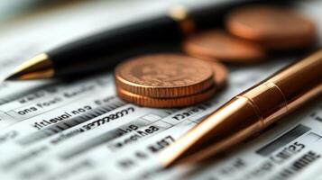Financial Planning, Close-up of Pens, Coins, and Documents photo