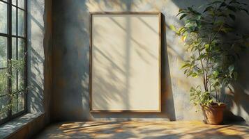 Sunlit Interior with Blank Canvas and Plant photo